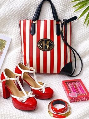 MICHAEL KORS COLLECTION Rare Red White Black Striped Bag Pinup Shoes Bundle